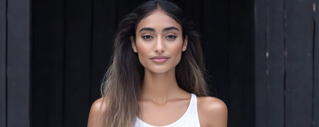 A young woman with long straight hair stands confidently in front of a dark wooden wall. She is wearing a simple white top creating a relaxed and natural atmosphere.の素材