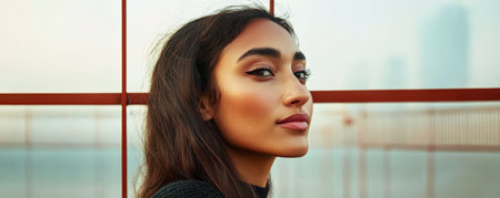 A woman with long dark hair stands confidently gazing towards the camera. The urban backdrop features soft blurred city lights during the golden hour enhancing her beauty.の素材