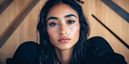 A young woman with long dark hair and a natural makeup look gazes directly at the camera. She poses confidently with a minimalist modern background featuring wooden elements.の素材
