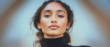 A young woman stands outdoors exuding confidence. Her natural makeup enhances her features while her black sweater contrasts with a soft blurred background creating a serene ambiance.の素材