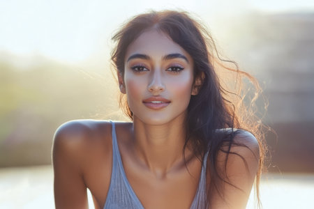 A young woman with long wavy hair poses gracefully outdoors as the warm sunlight bathes her in a golden glow. The serene background creates a calm and inviting atmosphere.の素材