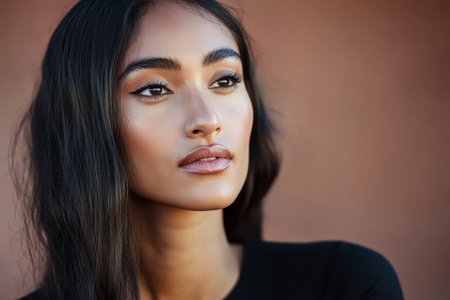 A young woman with long dark hair poses in natural light showcasing her smooth complexion and thoughtful expression. The warm background adds depth to her striking features accentuating her beauty.の素材