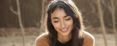A young woman with long wavy hair enjoys a peaceful moment outdoors. She smiles gently while engaging with her surroundings on a sunny day surrounded by natures beauty.の素材
