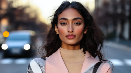 A confident woman stands in the middle of an urban street capturing attention during the golden hour. Her stylish attire contrasts with the bustling city backdrop as cars move past in soft focus.の素材