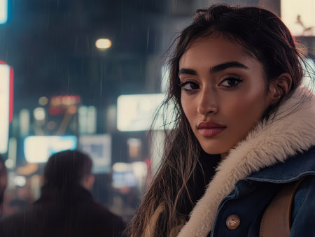 A young woman with long hair stands amidst a vibrant urban setting at night illuminated by colorful lights. Her expression is thoughtful as she faces the camera while people move in the background.の素材