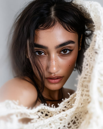 A model gazes intently at the camera highlighting her natural features. Soft lighting enhances her complexion while a delicate fabric adds texture to the composition.の素材