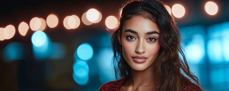 A young woman with curly hair stands confidently illuminated by soft evening lights. The colorful backdrop reveals a vibrant atmosphere filled with joy and warmth typical of a lively gathering.の素材