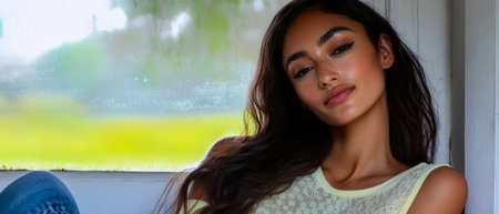 A young woman sits by a window with soft natural light illuminating her features. She looks relaxed and confident with her hair cascading down while enjoying the peaceful outdoors.の素材