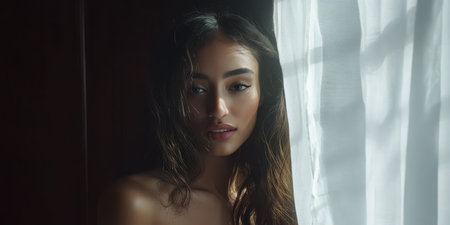A young woman with wavy hair gazes softly from behind a sheer curtain illuminated by the gentle sunlight filtering through. The warm atmosphere creates a peaceful mood.の素材