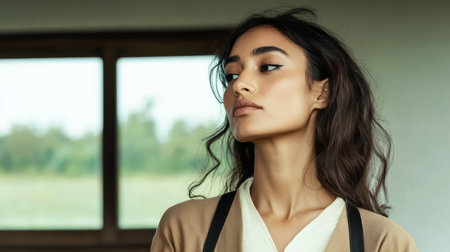 A young woman with long dark hair stands thoughtfully indoors gazing out of large windows that illuminate the space. The warm light highlights her serene expression in a stylish outfit.の素材