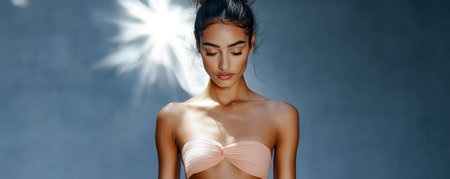 A model stands with a serene expression showcasing a bandeau top. The soft blue backdrop highlights her features and the natural elegance of her pose and calm demeanor.の素材