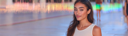 A young woman stands confidently in an urban setting as colorful lights create a lively backdrop. Her relaxed pose and warm smile embody the energy of the evening atmosphere.の素材