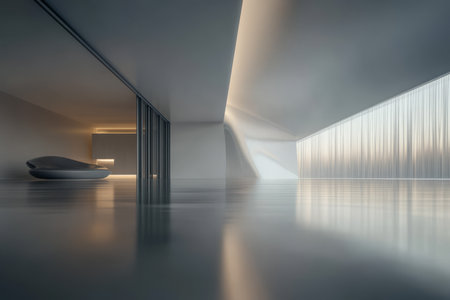 A sleek interior space features smooth surfaces and clean lines illuminated by warm natural light. The minimalist design highlights the tranquil atmosphere and unique architectural elements.の素材