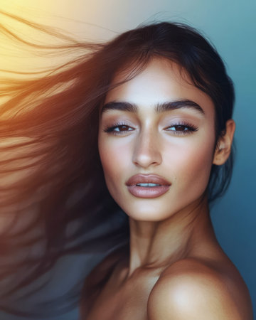 A stunning model showcases her natural beauty with flowing hair and a soft expression. The gradient background enhances her features creating an ethereal atmosphere during golden hour.の素材
