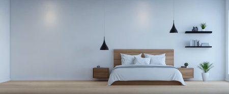 A spacious bedroom features a wooden bedframe with gray bedding stylish pendant lights and simple wall shelves. The neutral tones create a relaxing atmosphere perfect for restful nights.の素材