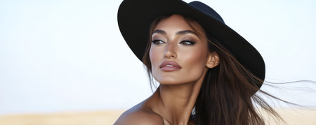 A woman with long flowing hair poses confidently in a desert setting. She is adorned with a wide-brimmed hat showcasing her fashion sense against a beautiful open backdrop.の素材