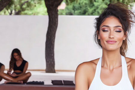 A young woman practices meditation with her eyes closed embodying tranquility. In the background another participant engages in mindful activities surrounded by nature in a peaceful environment.の素材