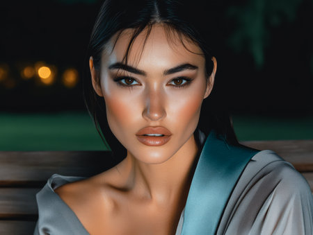 A woman with flawless skin and defined facial features poses elegantly at night. She wears a soft flowing garment and gazes directly into the camera exuding confidence and sophistication.の素材