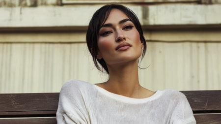 A young woman is sitting on a wooden bench dressed casually in a light sweater. She gazes thoughtfully into the distance enjoying the warm sunlight and peaceful atmosphere around her.の素材