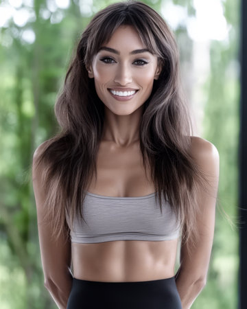 A woman with long hair smiles confidently while wearing a sports bra and leggings.の素材