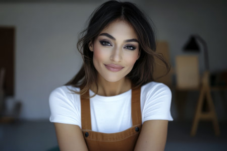 A woman casually dressed in a white shirt and brown overalls smiles warmly at the camera. She is sitting comfortably in a chic indoor space with soft lighting creating a relaxed atmosphere.の素材