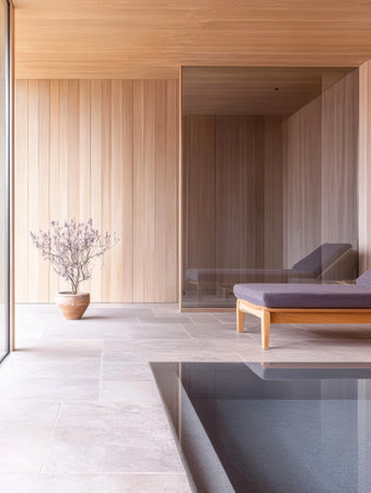Relaxation space featuring a minimalist design wood paneling and a soothing indoor pool. Sunlight floods the room highlighting a lounge chair and a potted plant creating a serene ambiance.の素材