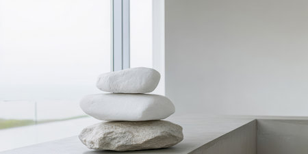 Three smooth stones are stacked in a balanced formation on a light concrete surface. A large window behind them showcases a tranquil foggy landscape enhancing a sense of calm and simplicity.の素材
