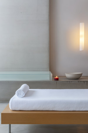 A tranquil spa setting features a massage table with a white towel soft lighting a candle and a decorative bowl creating a soothing atmosphere for relaxation and rejuvenation.の素材