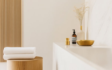 A serene bathroom setting showcases elegant decor with neatly stacked towels minimalist accessories and natural elements. Soft lighting enhances the calming ambiance of the space.の素材