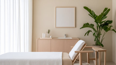 A serene wellness area features a massage table draped in white linen surrounded by soft natural light and a green plant. The neutral tones create a calming atmosphere for relaxation.の素材