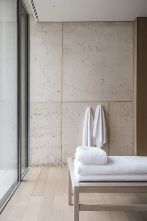 A serene spa interior showcases a minimalistic design with light wooden flooring neutral walls and neatly arranged towels. Large windows allow natural light to enhance the calming atmosphere.の素材