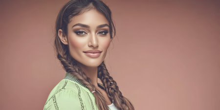 A young woman stands confidently showcasing her braided hairstyle and fashionable attire. The soft pink backdrop enhances her natural beauty and charming expression creating a warm atmosphere.の素材