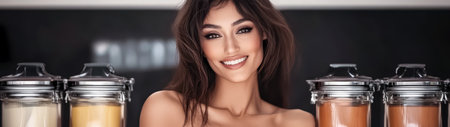 A woman with long dark hair smiles warmly while standing in a stylish kitchen. Glass jars filled with various spices in different colors are neatly arranged beside her creating a vibrant atmosphere.の素材