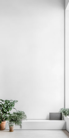 Bright contemporary room with white walls and a clean floor. Lush green plants in minimalist pots create a calming atmosphere. Natural light enhances the elegant decor perfect for relaxation.の素材