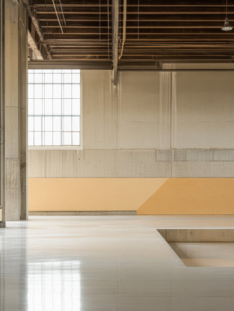 A large well-lit space with concrete walls and a shiny floor features a geometric yellow accent. Natural light floods through a large window highlighting the minimalist aesthetic.の素材