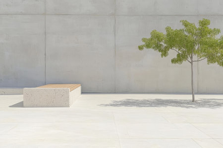 A sleek outdoor area features a simple concrete bench alongside a small green tree casting a gentle shadow. The bright setting focuses on clean lines and minimal decor emphasizing tranquility.の素材