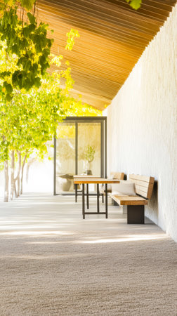 An inviting outdoor space features wooden benches and a table surrounded by lush greenery under a sleek roof. The warm sunlight illuminates the serene atmosphere ideal for relaxation.の素材