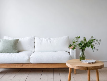 A stylish living area showcases a plush white sofa set against a neutral wall complemented by a wooden table with a vase of fresh flowers creating a serene atmosphere.の素材