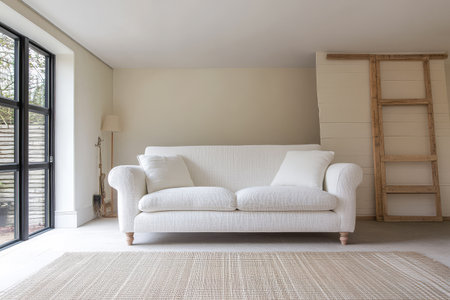 A bright living room features a cozy white couch with two pillows and a simple wood ladder. Natural light streams in through large glass windows enhancing the minimalist decor.の素材