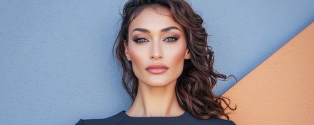 A confident woman stands poised in front of a vibrant wall showcasing a mix of colors. Her hair cascades in soft waves complementing her stylish outfit and striking features.の素材