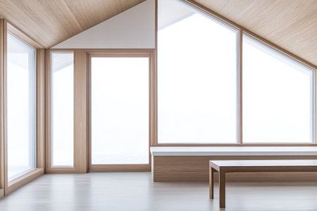 A bright modern interior features expansive windows allowing natural light to fill the area. Minimalistic furniture including a simple wooden bench enhances the tranquil atmosphere.の素材