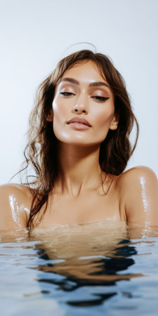 A woman with long wet hair poses gracefully in a pool of water emphasizing her calm demeanor. The soft lighting highlights her features creating a serene and artistic ambiance.の素材