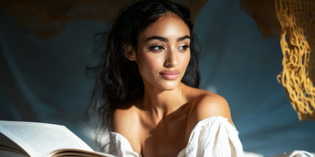 A young woman sits indoors absorbed in reading a book. Soft natural light casts a warm glow on her serene expression highlighting her features and the cozy atmosphere of the space.の素材
