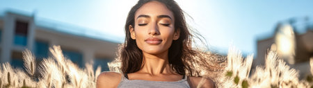 A young woman stands peacefully in a field of tall grass with her eyes closed and a serene expression. The sun sets behind her casting a warm glow over the urban landscape.の素材