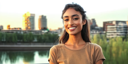 A young woman stands outdoors on a balcony smiling brightly as the sun sets behind a modern city skyline. The warm light illuminates her features creating a vibrant atmosphere.の素材