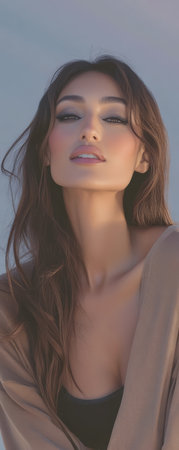 A woman poses confidently outdoors basking in soft natural light. Her long hair falls gently and her expression conveys elegance and allure. The background is softly blurred enhancing her presence.の素材