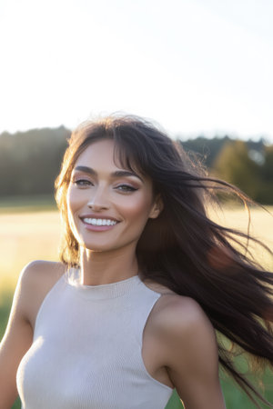 A woman stands in an open field her hair gently blowing in the wind. She smiles brightly as sunlight filters through creating a warm ambiance during late afternoon.の素材