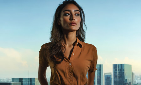 A woman stands confidently in a stylish brown shirt surrounded by a modern urban skyline. The bright daylight accentuates her features creating a striking contrast with the cityscape.の素材