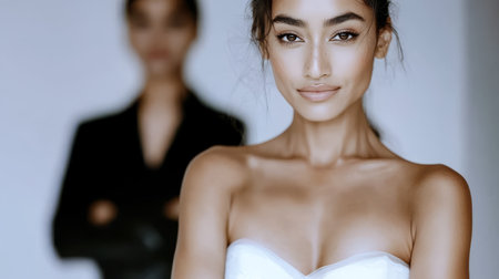 A beautiful model stands confidently in a stylish bridal gown showcasing her radiant smile and graceful posture. A second figure is softly blurred in the background adding depth to the composition.の素材