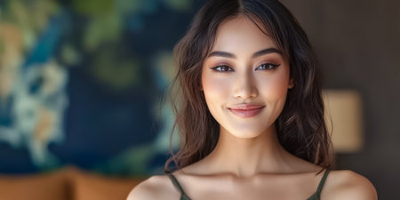 A young woman with long dark hair smiles warmly in a well-lit room. She wears a simple tank top and stands in front of a vibrant wall tapestry creating a relaxed and cheerful atmosphere.の素材